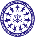 Logomarca do Projeto Justiça pelos Jovens - Imagem circular com uma balança ao centro com crianças ao redor