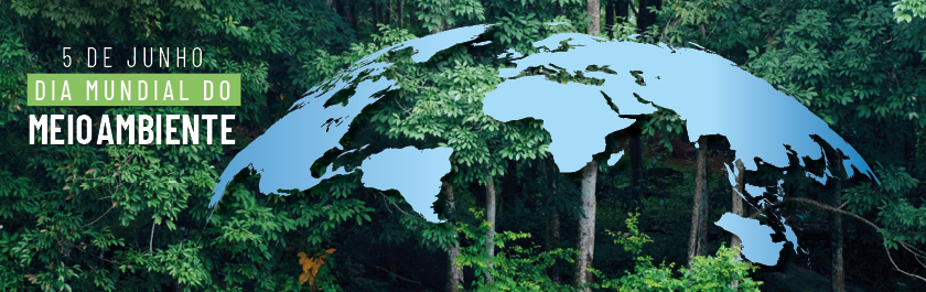 Banner em comemoração ao mês do meio ambiente. Imagem de uma mata verde escura com um mapa do mundo azul claro por cima da imagem.