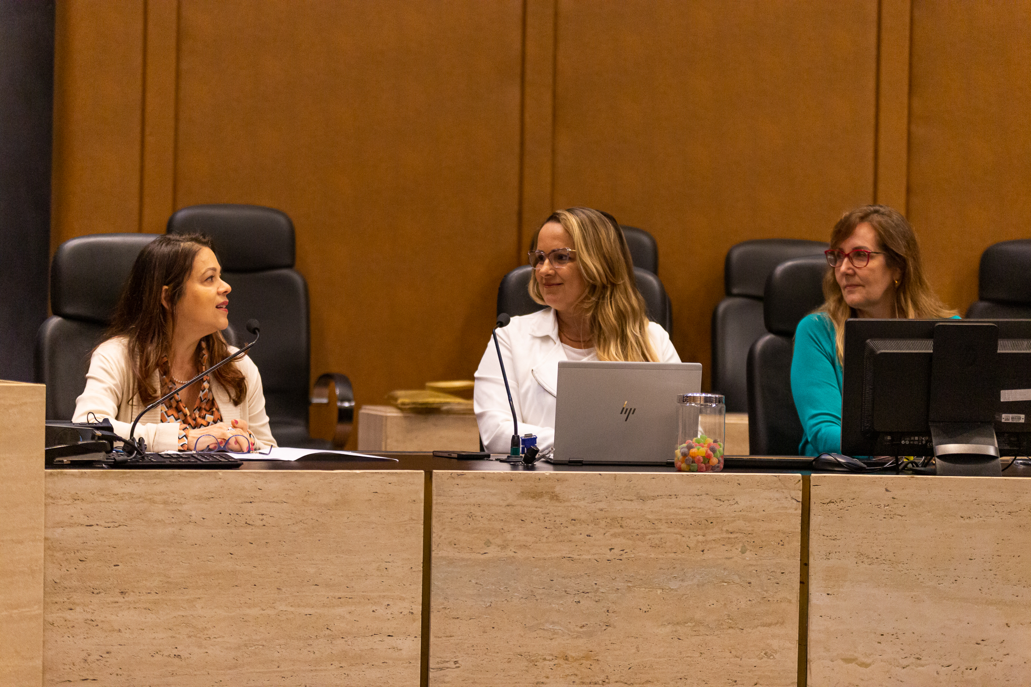 Sentadas no Órgão Especial, da esquerda para direita: desembargadora Daniela Brandão, promotora Gabriela Lusquiñ e procuradora Flávia Ferrer