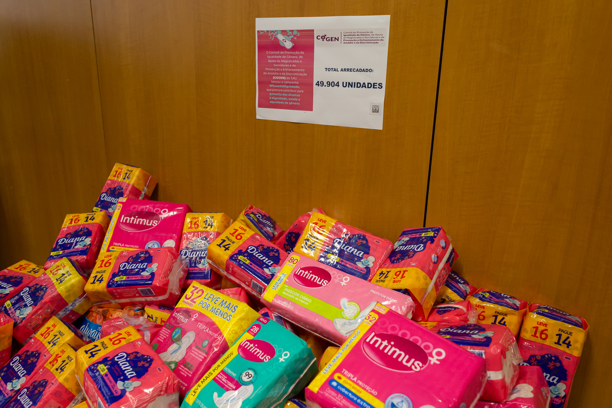 Mais de 49 mil pacotes de absorventes íntimos foram arrecadados durante a campanha. O material será encaminhado para 30 escolas da rede pública