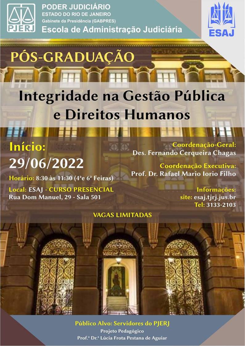 cartaz com informações sobre a pós-graduação "Integridade na Gestão Pública e Direitos Humanos"