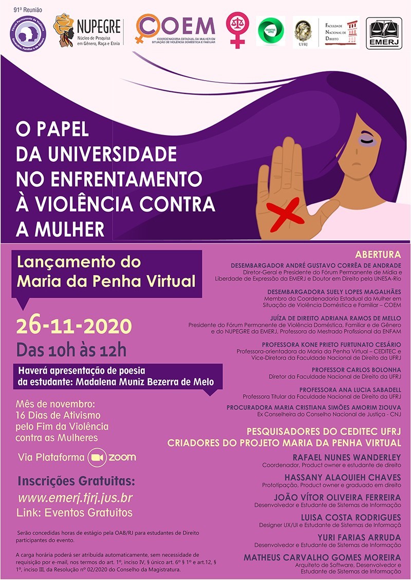 O PAPEL DA UNIVERSIDADE NO ENFRENTAMENTO À VIOLÊNCIA CONTRA A MULHER - Lançamento do Maria da Penha Virtual