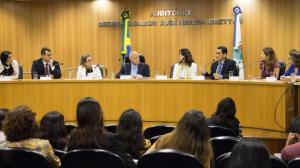 Desembargador Luiz Fernando (no centro) preside a mesa, ao lado da corregedora Maria Augusta Vaz e juízes do TJ do Rio (foto: Brunno Dantas)