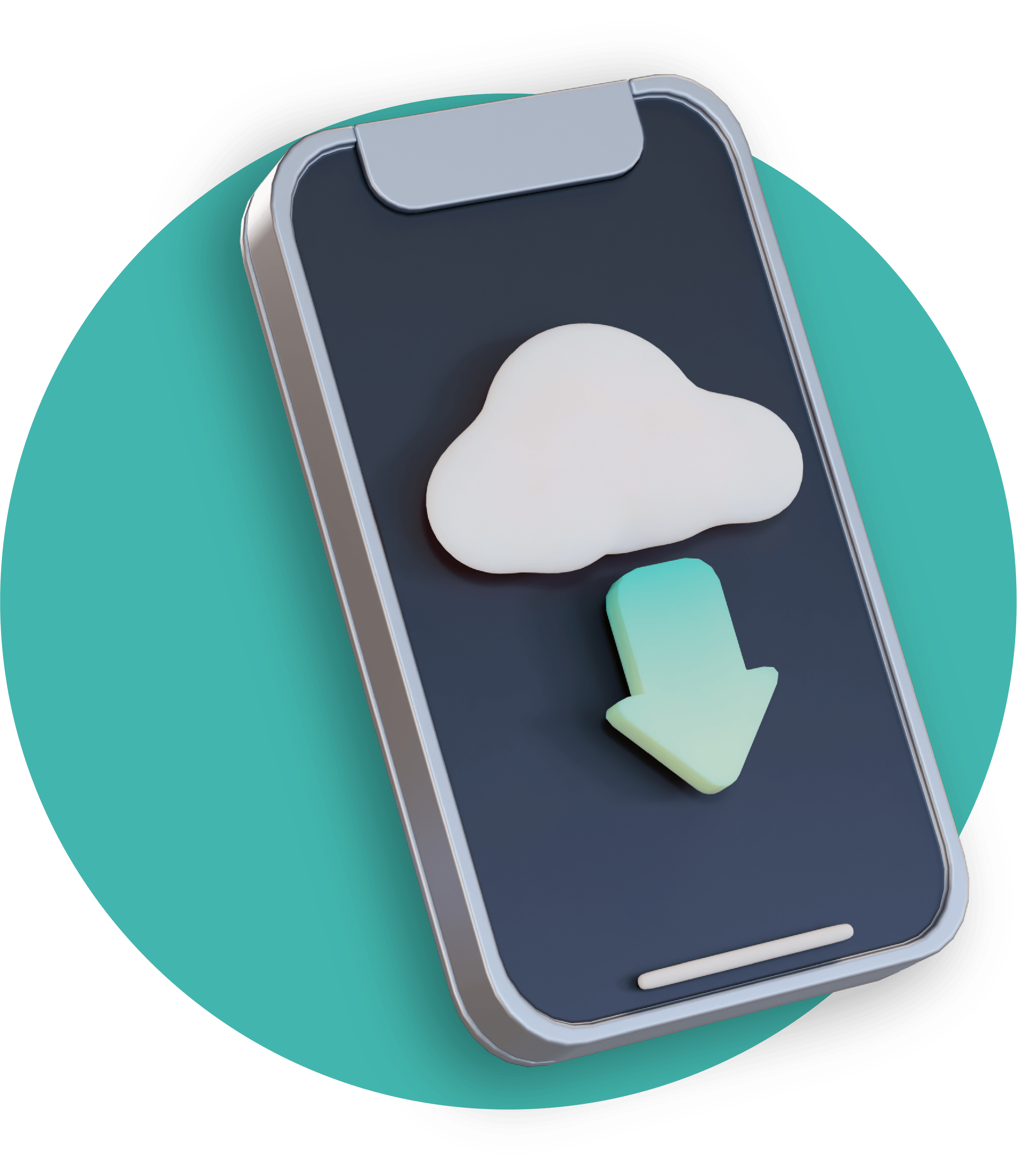 Uma imagem composta por um círculo verde, na frente deste círculo tem um celular e dentro tem a imagem de uma nuvem cinza e uma seta verde apontando para baixo.