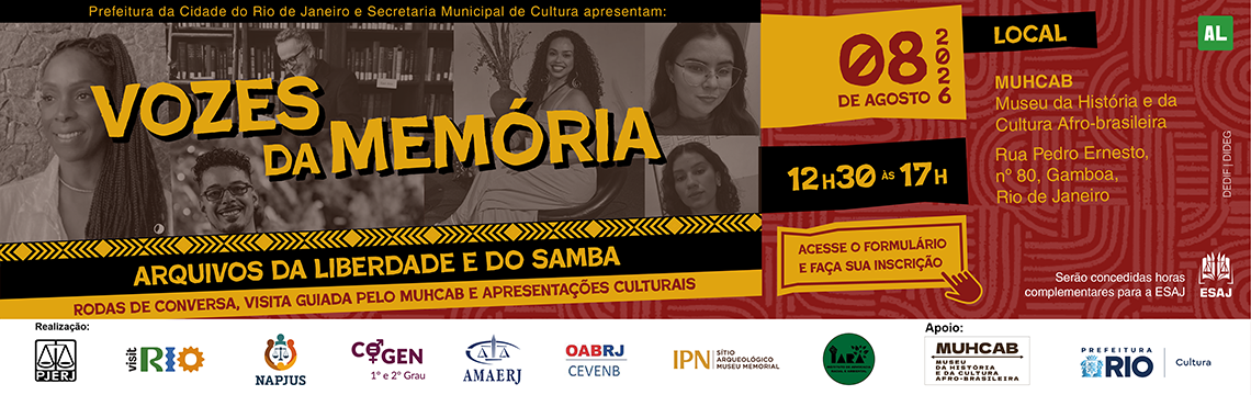 imagem - Vozes da Memória: arquivos da liberdade e do samba - Rodas de Conversa, Visita Guiada pelo MUHCAB e Apresentações Culturais - 08 de agosto de 2026, das 12h30 às 17h. Local: MUHCAB (Museu da História e da Cultura Afro-brasileira) Rua Pedro Ernesto, n 80, Gamboa, Rio de Janeiro