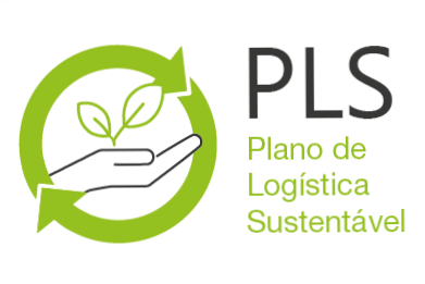 Mão segura folha. Em volta, círculo com setas que se encontram e simbolizam sustentabilidade. Texto: PLS Plano de Logística Sustentável.