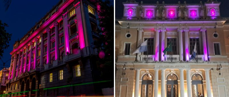 Uma montagem de duas fotos, a primeira é do Museu da Justiça iluminado com a cor rosa e a segunda é do Museu da Justiça de Niterói também iluminado com a cor rosa