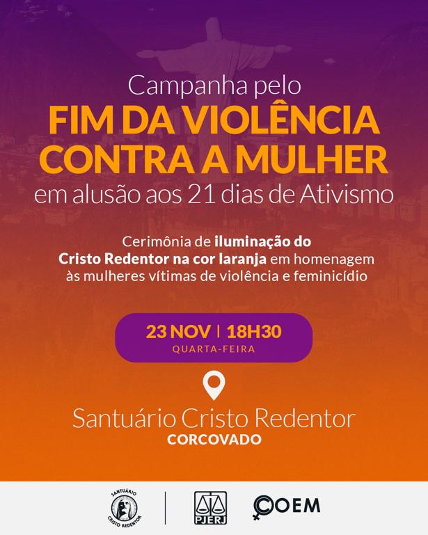 Arte com  a imagem do Cristo Redentor de costas, com filtro rosa e laranja e texto "Campanha pelo fim da violência doméstica contra a mulher em alusão aos 21 dias de ativismo"