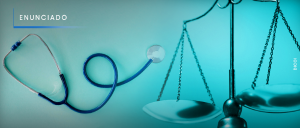 Legenda: #ParaTodosVerem: Imagem de findo azul. Acima, à esquerda, o título "ENUNCIADO". Ainda à esquerda, abaixo, um estetoscópio. À direita, a balança da justiça.