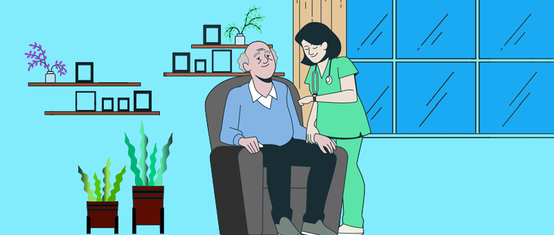 Ilustração com paciente idoso recebendo cuidados médicos domiciliar ou home care.