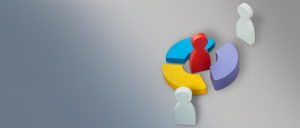 Cartaz virtual com fundo azul acinzentado e branco, tendo à direita a representação de uma mediação: entre três mesas - azul, amarela e lilás - um boneco vermelho (o mediador); ao redor das mesas, por fora, dois bonecos brancos em posições distantes (as partes).