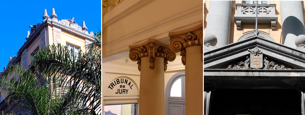 Banner com as imagens: fachada lateral do Museu da Justiça; detalhe da coluna e ao fundo a entrada para o Salão do Tribunal do Júri; detalhe da entrada do Museu da Justiça, com foco no elemtento Dura Lex, Sed Lex.