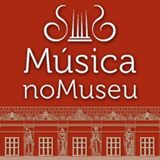 Logomarca do projeto Música no Museu, sobre fundo vermelho.
