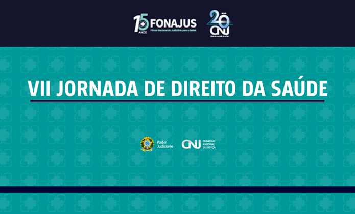 A imagem é um banner do evento “VII Jornada de Direito da Saúde”. O fundo é azul com padrões gráficos sutis, e o texto principal está centralizado em letras brancas:  “VII JORNADA DE DIREITO DA SAÚDE”  Na parte superior, há logotipos comemorativos: 	•	“15 anos FONAJUS” (Fórum Nacional da Justiça para a Saúde) 	•	“20 anos CNJ” (Conselho Nacional de Justiça)  Na parte inferior, aparecem os logotipos das seguintes instituições: 	•	Poder Judiciário (com o brasão da República Federativa do Brasil) 	•	CNJ – Conselho Nacional de Justiça