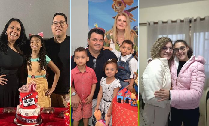 Montagem com três fotos. Uma de cada família.