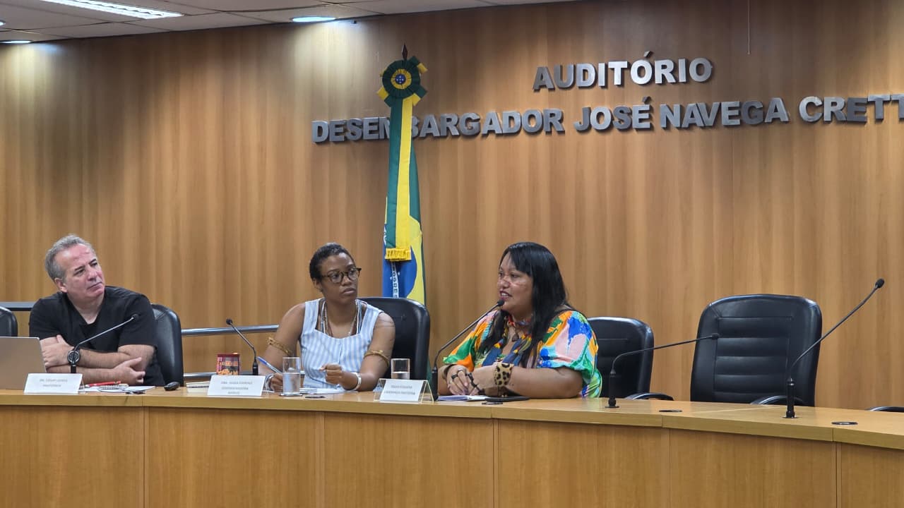 A imagem mostra uma mesa de debate realizada em um auditório institucional. Três pessoas estão sentadas atrás de uma bancada de madeira clara, equipada com microfones e copos de água. Ao fundo, há uma parede revestida de madeira com a inscrição em letras grandes: “AUDITÓRIO DESEMBARGADOR JOSÉ NAVEGA CRETTON”. Ao centro, está posicionada uma bandeira do Brasil. À direita da imagem, uma mulher com cabelos longos e pretos, usando uma blusa colorida. Ao seu lado, uma mulher de óculos e vestindo uma blusa clara, observa atentamente, com postura de escuta. À esquerda, um homem de camisa preta também acompanha o debate, olhando na direção das demais participantes.