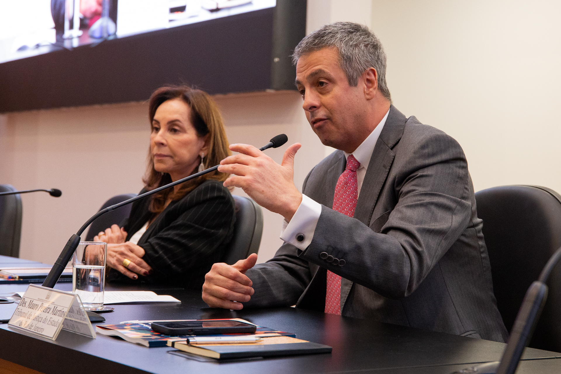Imagem da desembargadora Jacqueline Lima Montenegro (ao lado esquerdo) e do desembargador Mauro Martins (ao lado direito da imagem) durante sua fala, 