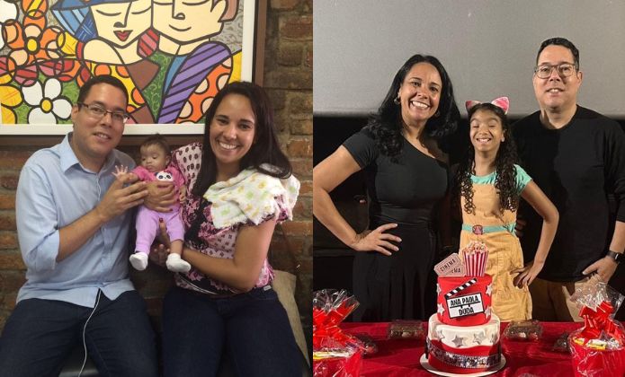 Montagem com duas fotos de Maria Eduarda, a Duda, com os pais Sheila e Lawrence