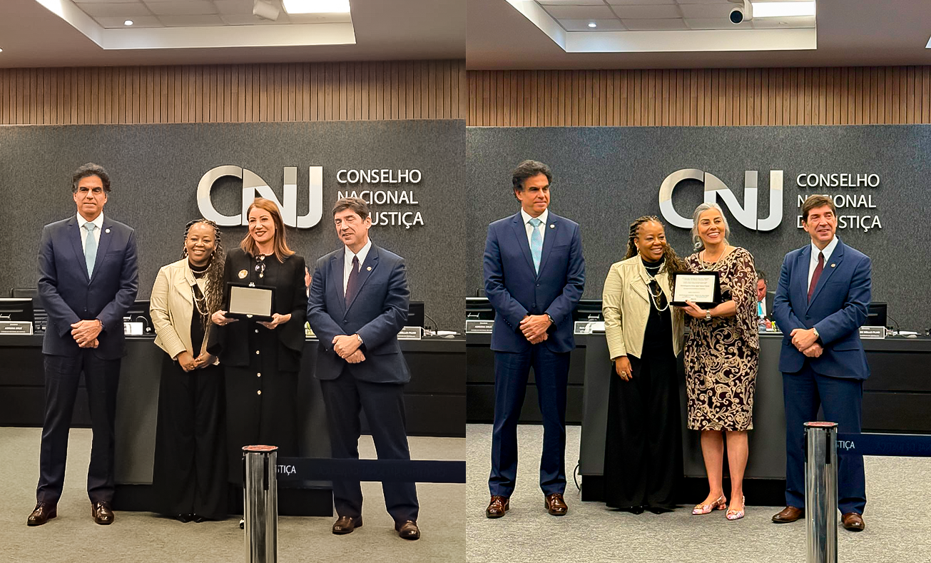 Desembaradora Adriana Ramos de Mello, ao lado esquerdo, vencedora na categoria "Direito das Mulheres"; e, ao lado direito, desembargadora Maria Aglaé Tedesco Vilardo premiada com menção honrosa pelo acórdão "Direito das Pessoas com Deficiência"