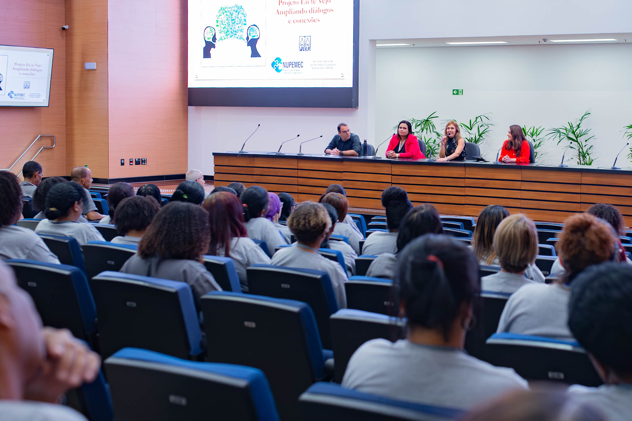 Fotografia mostra um auditório durante uma palestra do Projeto Eu te Vejo – Ampliando diálogos e conexões. Em primeiro plano, dezenas de pessoas estão sentadas em poltronas azuis, voltadas para a mesa principal. A maioria dos participantes veste camisetas cinza. Ao fundo, cinco integrantes compõem a mesa de debates. Da esquerda para a direita, há um homem de camisa escura e quatro mulheres, duas delas vestindo roupas em tons de vermelho. Uma das palestrantes segura um microfone enquanto fala ao público, e os demais acompanham a apresentação. Sobre a mesa, há microfones e cadeiras distribuídos ao longo do painel. Acima dos palestrantes, um grande telão exibe a identidade visual do evento, com o título "Projeto Eu te Vejo – Ampliando diálogos e conexões", acompanhado das logomarcas do TJRJ e do NUPEMEC e de uma ilustração formada por duas silhuetas humanas voltadas para uma árvore colorida.