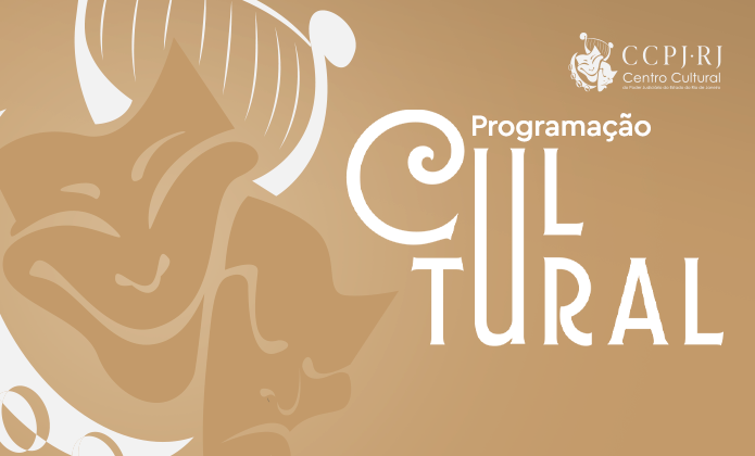 Imagem gráfica em tons de bege e branco, com identidade visual voltada à programação cultural. À esquerda, há uma grande ilustração estilizada de um rosto humano, representado em linhas e formas curvas, com traços inspirados em uma máscara ou personagem teatral. No canto superior direito, aparece a identificação “CCPJ-RJ Centro Cultural”, acompanhada do respectivo logotipo. Ao centro e à direita, está o título “Programação CULTURAL”, com a palavra “Cultural” apresentada em letras grandes, brancas e estilizadas. O fundo é predominantemente bege, com elementos gráficos em diferentes tonalidades da mesma cor. 