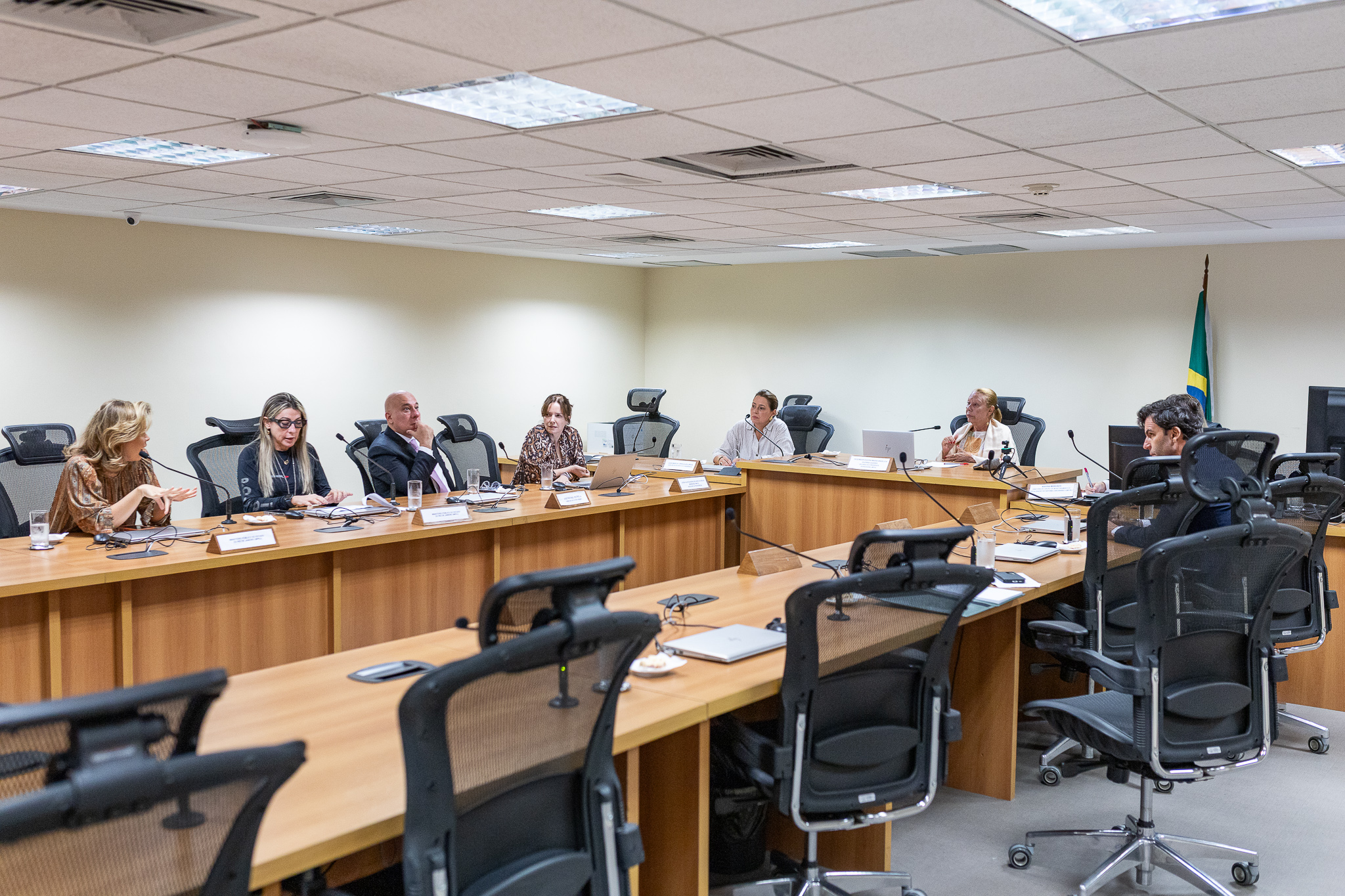 A imagem mostra uma sala de reuniões institucional, com paredes claras e iluminação de teto composta por painéis fluorescentes embutidos. No centro, há uma grande mesa retangular de madeira clara, organizada em formato que permite que os participantes fiquem voltados uns para os outros. Sentados ao redor da mesa estão sete pessoas — homens e mulheres — vestidas com trajes formais ou sociais. Alguns utilizam microfones individuais posicionados à frente, além de computadores, laptops, blocos de anotação e copos com água. Há também plaquinhas de identificação sobre a mesa. As cadeiras são ergonômicas, de encosto alto e estrutura preta. Ao fundo, no canto direito da sala, está posicionada a bandeira do Brasil em um suporte vertical, reforçando o caráter oficial da reunião.