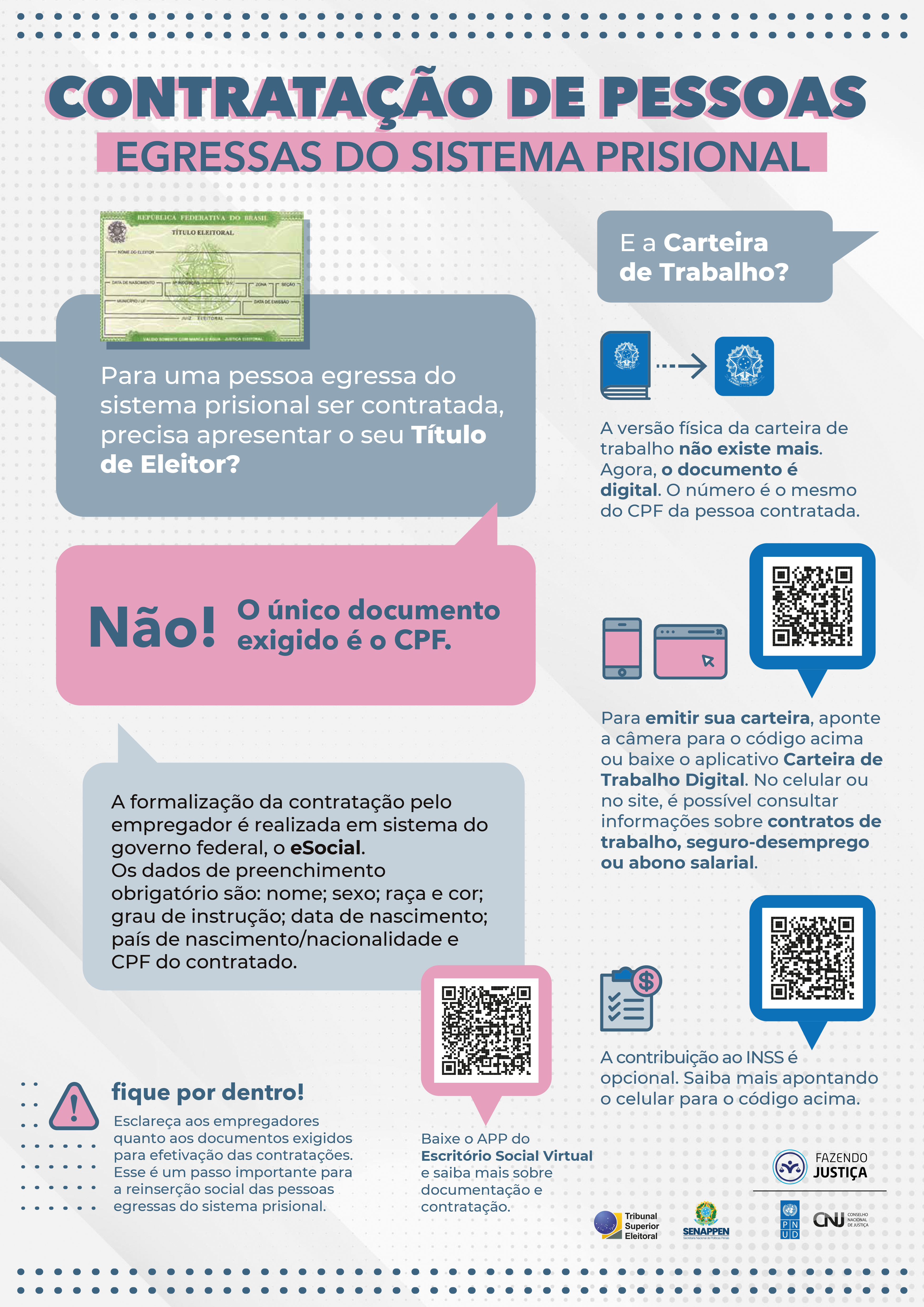 Contratação de pessoas egressas do sistema prisional
 - Para uma pessoa egressa do sistema prisional ser contratada, precisa apresentar o seu Título de Eleitor? Não! O único documento exigido é o CPF. A formalização da contratação pelo empregador é realizada em sistema do governo federal, o eSocial.
Os dados de preenchimento obrigatório são: nome; sexo; raça e cor; grau de instrução; data de nascimento; país de nascimento/nacionalidade e CPF do contratado.
  E a Carteira de Trabalho?  A versão física da carteira de trabalho não existe mais.
Agora, o documento é digital. O número é o mesmo do CPF da pessoa contratada. Para emitir sua carteira, aponte a câmera para o código acima ou baixe o aplicativo Carteira de Trabalho Digital. No celular ou no site, é possível consultar informações sobre contratos de trabalho, seguro-desemprego ou abono salarial. A contribuição ao INSS é opcional. Saiba mais apontando o celular para o código acima. fique por dentro!
Esclareça aos empregadores quanto aos documentos exigidos para efetivação das contratações. Esse é um passo importante para a reinserção social das pessoas egressas do sistema prisional. Baixe o APP do Escritório Social Virtual e saiba mais sobre
documentação e contratação.
  