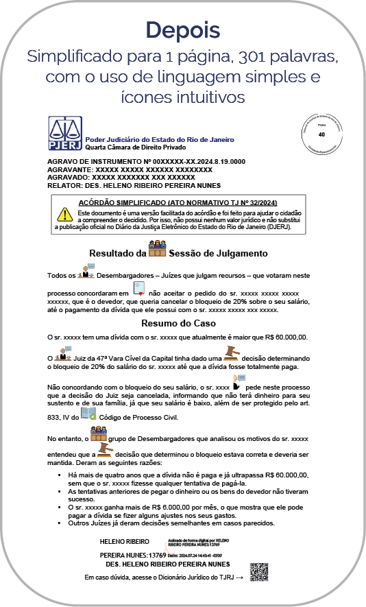 Depois - Simplificado para 1 página, 301 palavras, com o uso de linguagem simples e ícones intuitivos