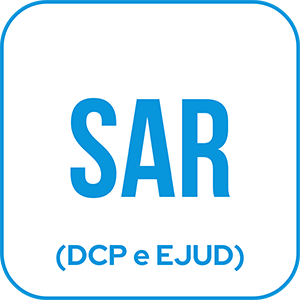 Botão com fundo branco escrito SAR (DCP e EJUD) em azul