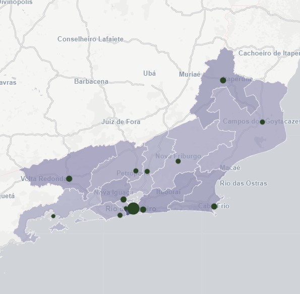 Mapa do estado do Rio de Janeiro, Brasil, destacando áreas em roxo e pontos em verde representando localidades.