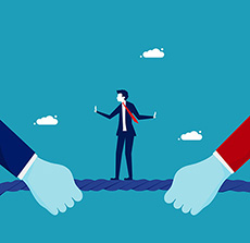 Homem de terno equilibrando-se em uma corda, com mãos de diferentes cores puxando as extremidades.