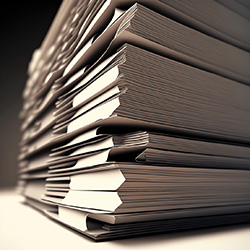 Empilhamento de documentos e pastas, com capas brancas e folhas visíveis.