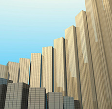 Imagem de um skyline urbano com edifícios de diferentes alturas sob um céu claro.