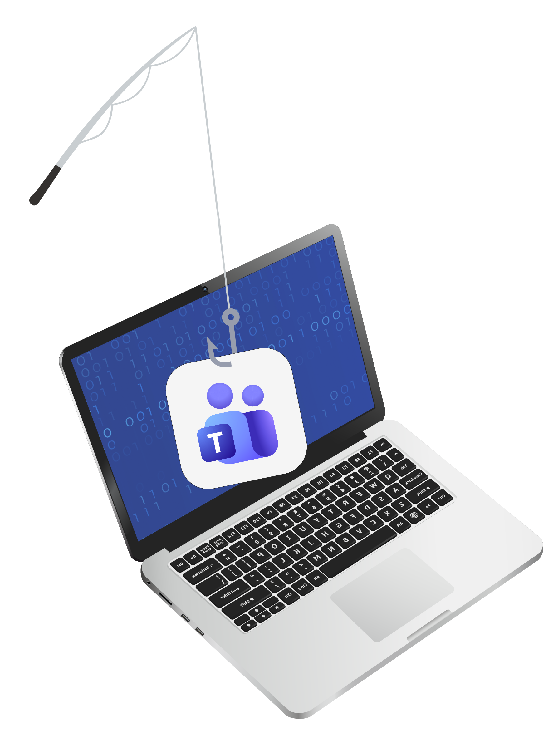 Ilustração de um notebook aberto com tela azul exibindo números binários. Sobre a tela há um ícone do Microsoft Teams preso a um anzol, conectado a uma vara de pesca posicionada no canto superior esquerdo da imagem. A composição representa uma tentativa de phishing ou golpe digital direcionado a usuários da plataforma Microsoft Teams.