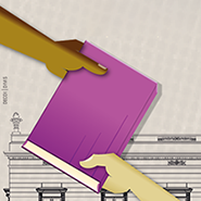 Imagem estilizada de duas mãos e um livro, representando a troca do livro