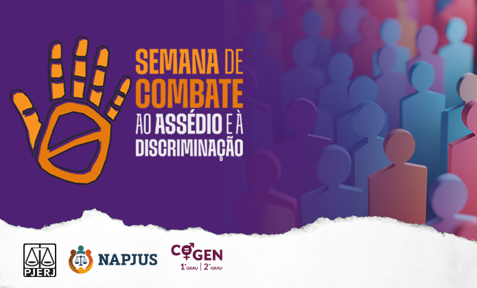 #ParaTodosVerem: Imagem com fundo roxo divulga a “Semana de Combate ao Assédio e à Discriminação”, com símbolo de mão estilizada e silhuetas de pessoas ao fundo, além de logos institucionais.