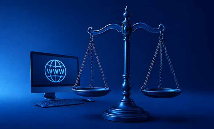 Ilustração em tons de azul escuro mostrando uma balança da Justiça ao centro, com os pratos equilibrados e suspensos por correntes. À esquerda, há um monitor de computador sobre uma mesa, exibindo o símbolo de um globo com as letras “WWW”, representando a internet. Em frente ao monitor, aparecem um teclado e um mouse. O fundo é liso e escuro, destacando os elementos da imagem. 