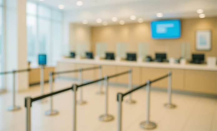 #ParaTodosVerem: A imagem mostra o interior de uma agência bancária moderna, bem iluminada e com várias baias de atendimento alinhadas ao fundo. Há um caminho delimitado por cordões de fila retráteis metálicos, conduzindo até os guichês. O ambiente é limpo e organizado, com um grande monitor azul na parede ao fundo exibindo informações.