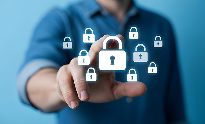 #ParaTodosVerem: Imagem mostra uma pessoa tocando um cadeado digital central, cercado por outros ícones de cadeado, simbolizando segurança de dados.