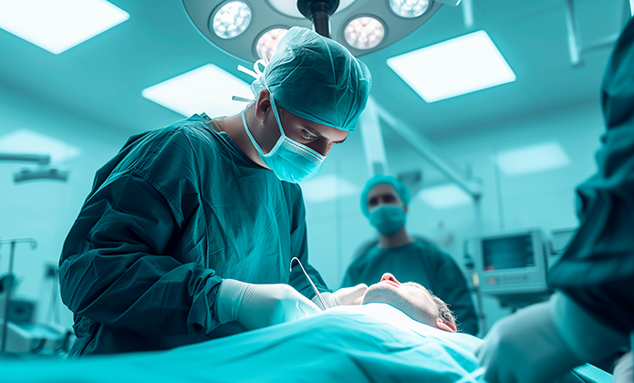 #ParaTodosVerem: Fotografia em ambiente hospitalar mostra uma sala de cirurgia bem iluminada por focos no teto. Em primeiro plano, um profissional de saúde, vestindo roupas cirúrgicas verdes, máscara, luvas e touca, inclina-se sobre um paciente deitado na mesa operatória. O paciente está coberto por campos estéreis, com parte do rosto visível. Ao fundo, outros profissionais paramentados acompanham o procedimento, enquanto equipamentos médicos e monitores compõem o cenário cirúrgico.