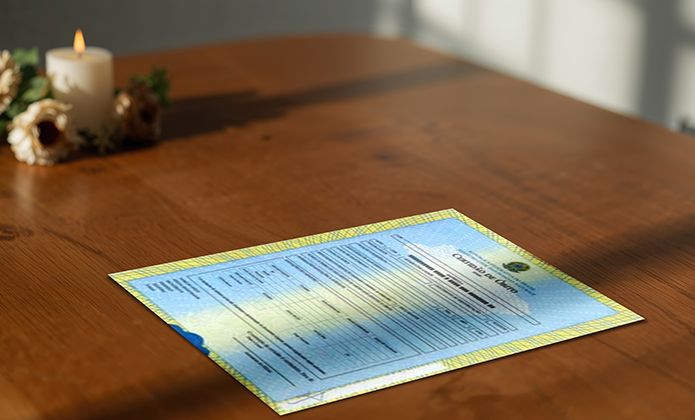 #ParaTodosVerem: Imagem mostra uma certidão sobre uma mesa de madeira iluminada pela luz do sol, com uma vela acesa ao fundo.