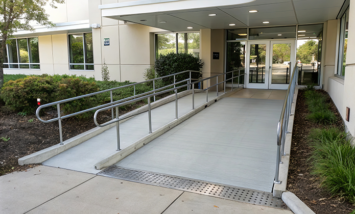 #ParaTodosVerem: Imagem mostra entrada de prédio com rampa de acessibilidade equipada com corrimãos, levando até portas de vidro, cercada por jardim.