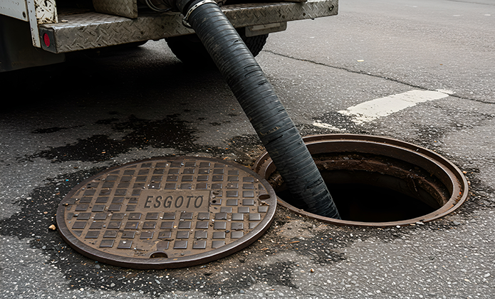 #ParaTodosVerem: Tampa de bueiro aberta na rua, com a palavra “esgoto” gravada; ao lado, um caminhão insere uma mangueira grossa no interior do bueiro, enquanto há manchas de água no asfalto ao redor.