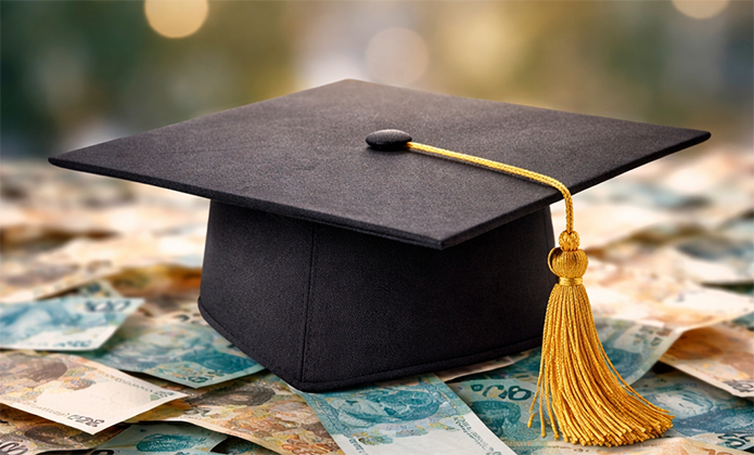 #ParaTodosVerem: Imagem mostra um capelo de formatura sobre várias cédulas de dinheiro, simbolizando custos ou investimento em educação.