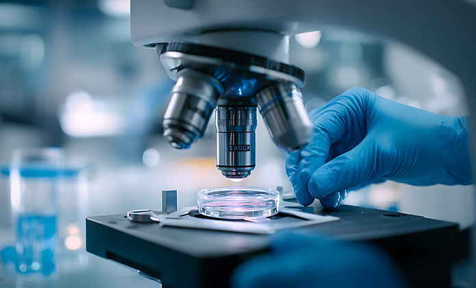 #ParaTodosVerem: Close de um microscópio em laboratório. Uma pessoa usando luvas descartáveis azuis ajusta uma placa de Petri posicionada sobre a plataforma do equipamento. Ao fundo, desfocados, aparecem recipientes e materiais de laboratório em tons azulados. A imagem remete à pesquisa científica, análises laboratoriais e desenvolvimento de estudos nas áreas da saúde e da biotecnologia.