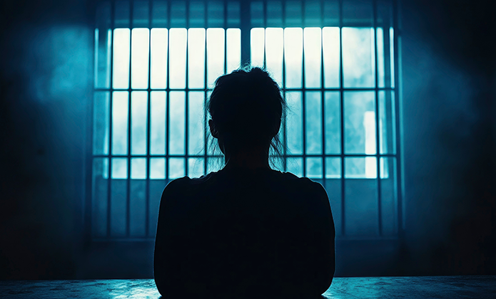 #ParaTodosVerem: Imagem mostra a silhueta de uma pessoa sentada diante de uma janela com grades, em ambiente escuro, iluminado por luz azul, sugerindo cenário de prisão.