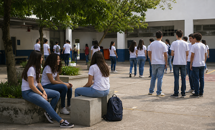 #ParaTodosVerem: Pátio de uma escola com diversos estudantes usando camisetas brancas e calças jeans. Alguns conversam em pequenos grupos, enquanto outros caminham pelo espaço aberto. Em primeiro plano, três alunas estão sentadas em bancos de concreto sob a sombra de árvores, ao lado de uma mochila. Ao fundo, vê-se o prédio escolar e outros estudantes circulando pelo ambiente. A cena retrata o cotidiano escolar em momento de convivência e interação entre os alunos.