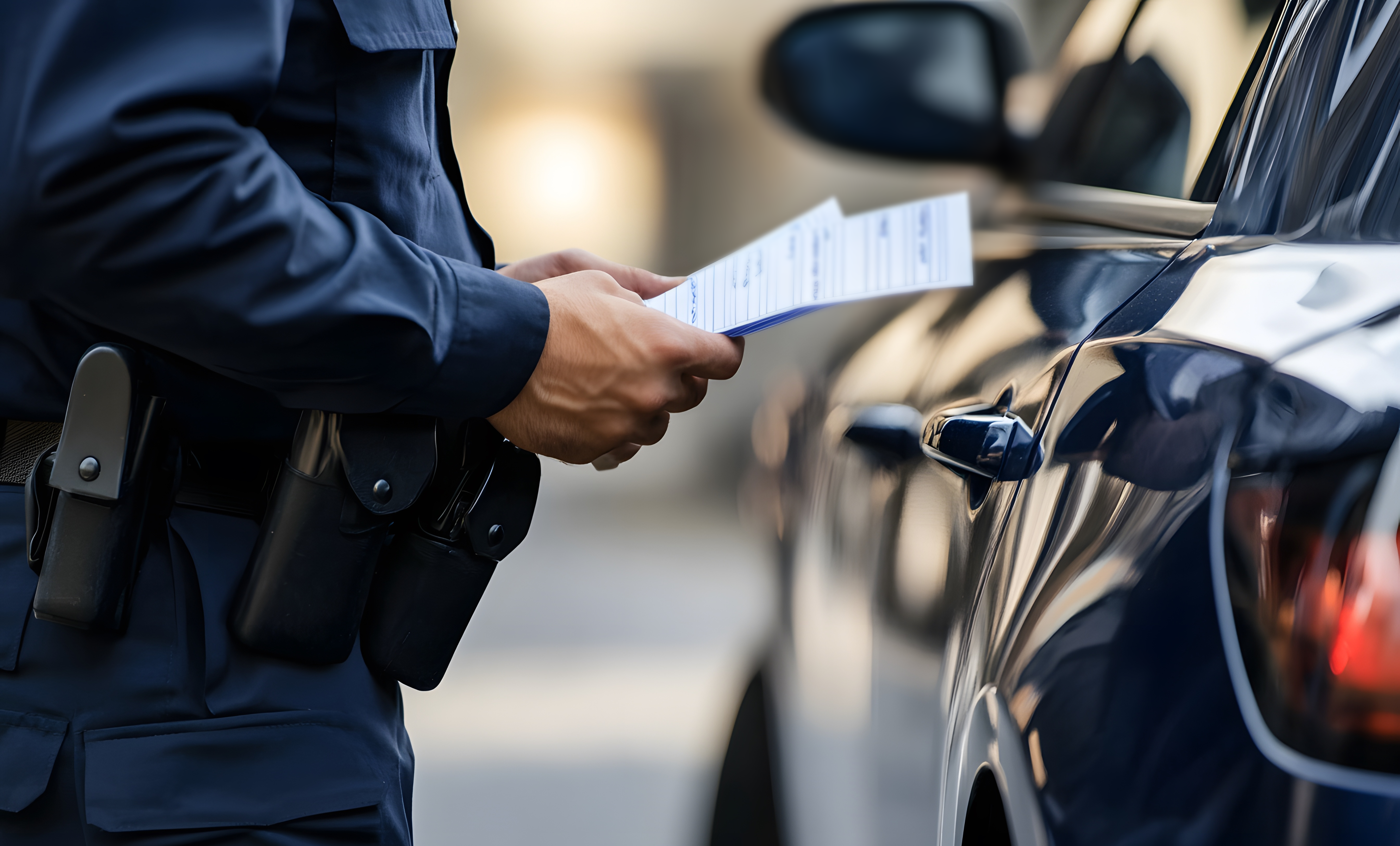 #ParaTodosVerem: Um agente de trânsito, vestindo uniforme, segura um formulário próximo a um carro parado. O enquadramento mostra apenas parte do corpo do agente e a lateral do veículo.