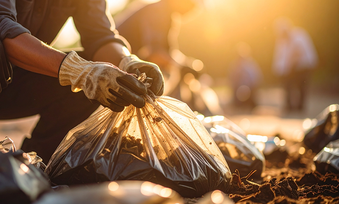 Em ambiente externo, uma pessoa usando luvas segura e amarra um saco plástico transparente cheio de resíduos escuros, apoiado diretamente no chão. A luz dourada do sol ilumina a cena, enquanto outras pessoas aparecem desfocadas ao fundo, indicando uma ação coletiva ao ar livre.