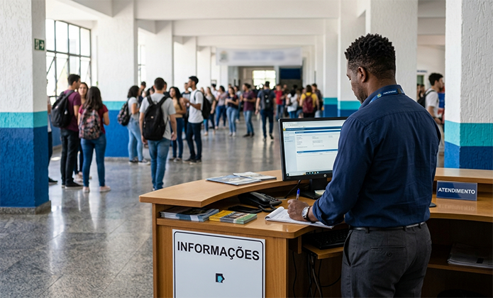 #ParaTodosVerem: Homem de pele escura, vestindo camisa azul, está de pé atrás de um balcão de atendimento com computador, digitando ou consultando informações. Na frente do balcão há uma placa com a palavra “INFORMAÇÕES”. Ao fundo, num corredor amplo e iluminado, várias pessoas caminham ou conversam em pequenos grupos, sugerindo um ambiente movimentado, como uma escola, universidade ou prédio público. As paredes são claras, com faixa azul, e o piso é de granito.